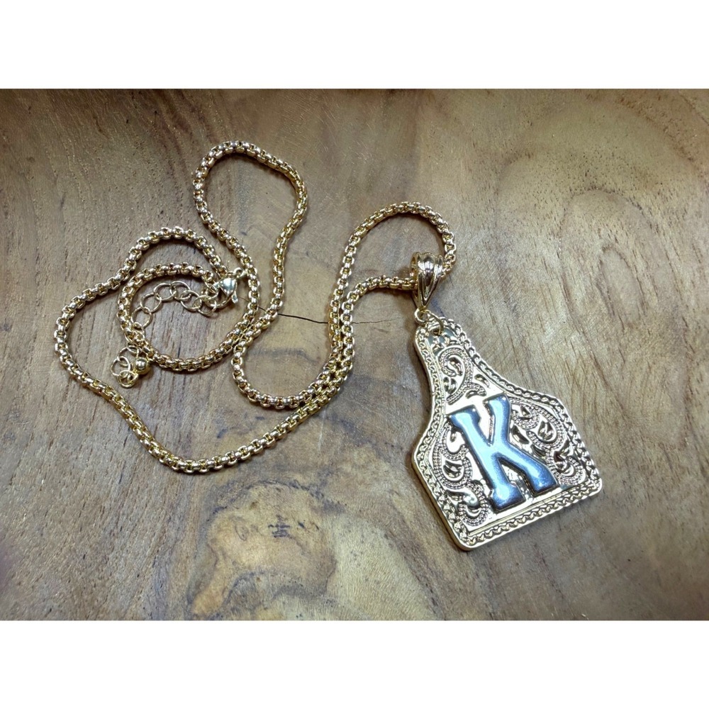 Western Cattle Tag Initial‎ K Pendant Necklace Engraved Filigree Gold NWOT - Picture 4 of 10